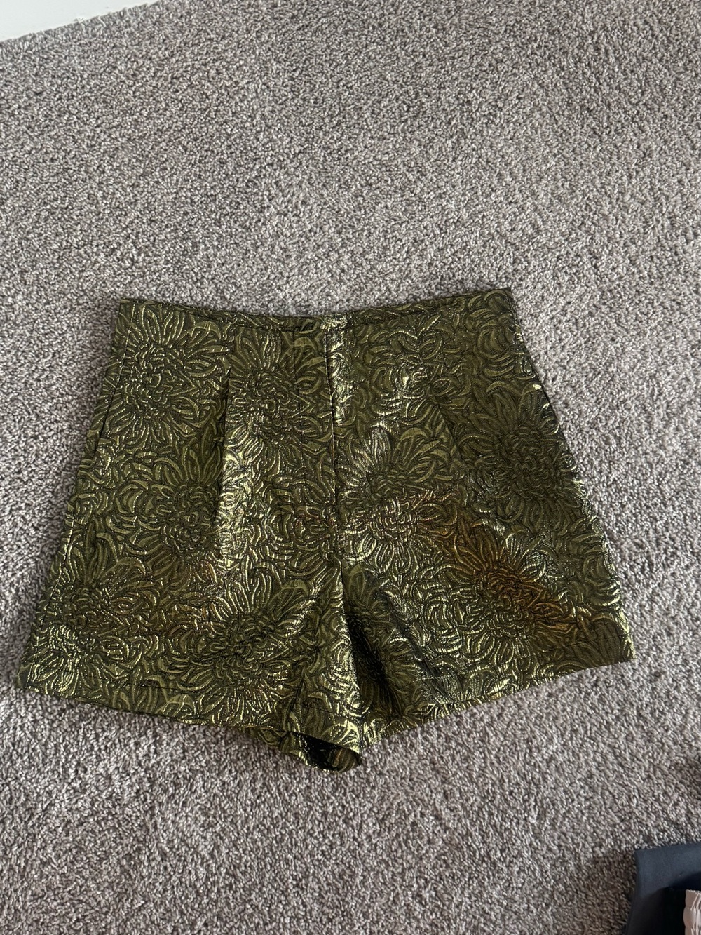 High-Waist Olive Metallic Floral Jacquard Shorts
